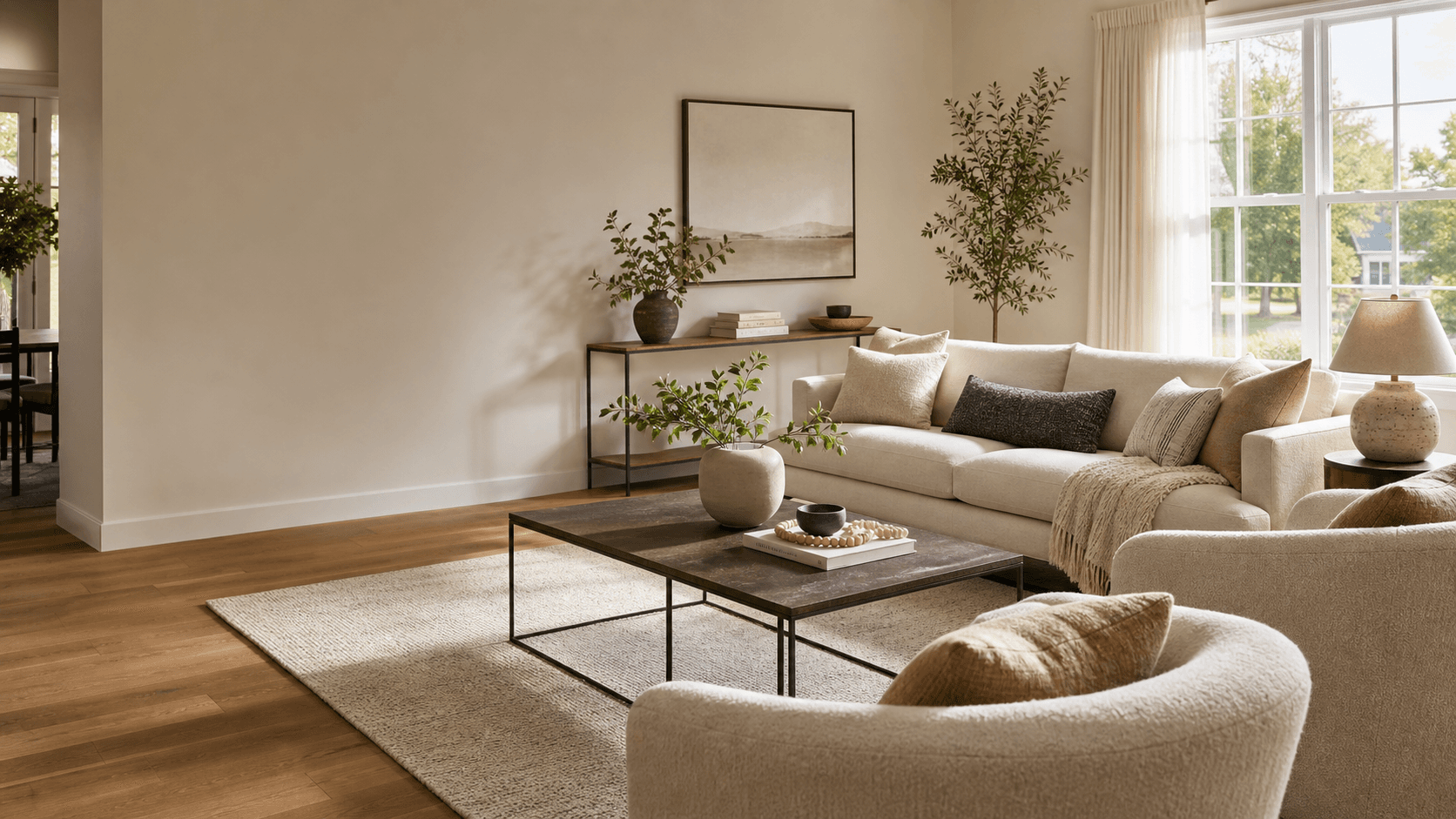 Professionally staged living room with neutral furniture and warm natural light